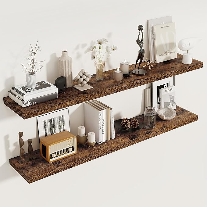 Fun Memories 55 Inch Floating Shelves for Wall 2 Pack Shelves for Bedroom|Kitchen|Bathroom Wall Mounted Rustic Wood Floating Shelf with Invisible Brackets for Books|Storage|Decor, Rustic Brown