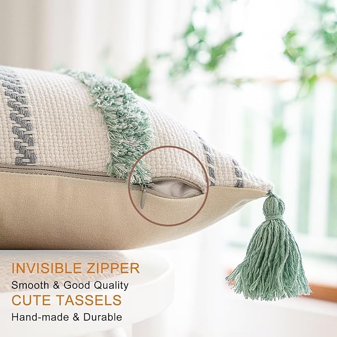 Boho Throw Pillow Covers 12x20 Set of 2 Woven Tufted Farmhouse Pillows Cover with Tassels Textured Striped Cushion Case Lumbar Pillow Cases Decorative Pillowcase for Sofa, Couch, Bed, Light Green