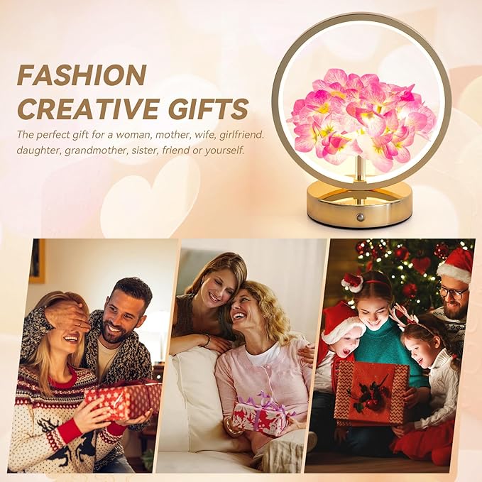 Birthday Gifts for Women Mom,Hydrangeas Flower Touch Lamp,Rechargeable Cordless 3 Way Dimmable Small Night Lightfor Home Decor,Bedroom,Living Room Office Thank You Gifts for Festival-Purple