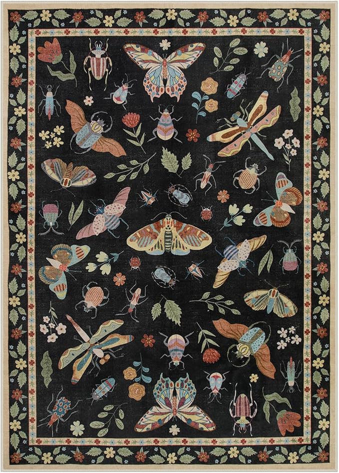 Lahome Insect 5x7 Area Rugs for Living Room, Soft Washable Rugs for Bedroom Ultra-Thin Non Slip Black Rug, Stain Resistant Throw Rug Carpet for Office Nursery Dining Room(5'x7',Black)