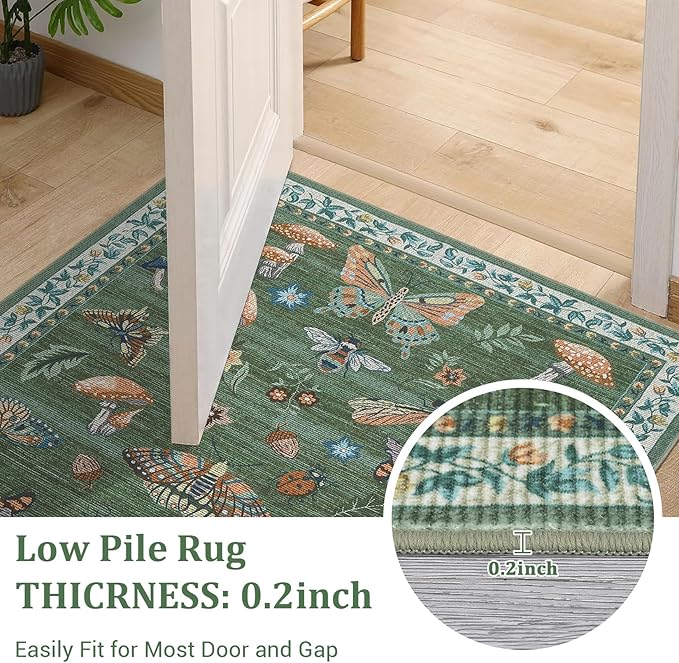 Mushroom Insect 3ft Round Rug Washable Non-Slip Soft Ultra-Thin Small Boho Circle Carpet for Entryway Kitchen Bedroom Nursery Dining Room Green