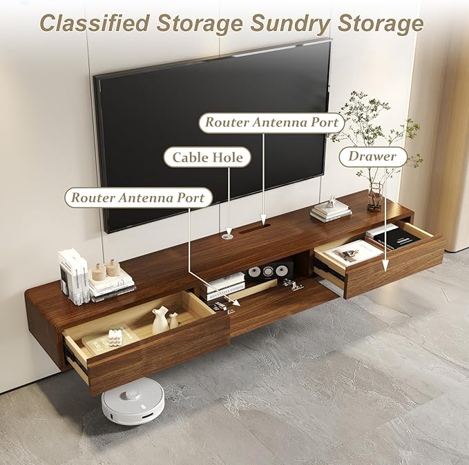 Solid Wood Floating TV Stand, Wall Mounted Entertainment Center with 2 Drawers, Floating TV Shelf for Living Room Bedroom & Office (Walnut, 55in)