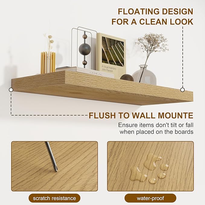 Floating Shelves for Wall, 27.5 Inch Bathroom Shelves Set of 2, Rustic Wood Wall Shelf with Invisible Brackets for Books|Storage|Decor, 8 Inch Deep Floating Shelf for Bedroom|Kitchen, Oak