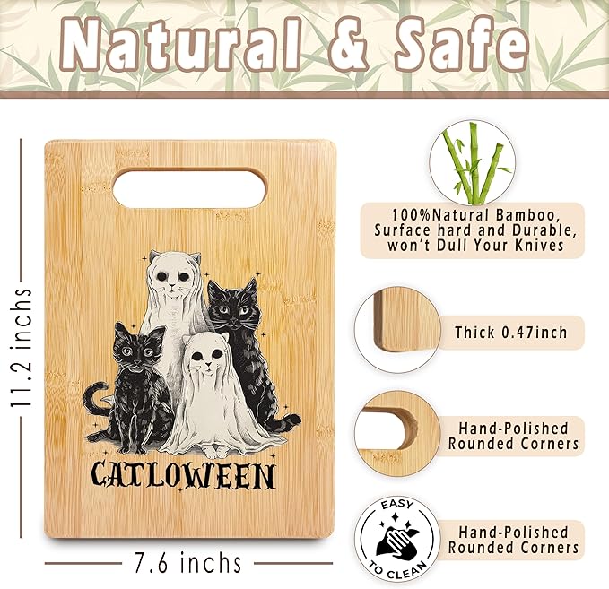 SPBL&L Halloween Black Cat Ghost Cutting Board, Cat Lover Gifts, Halloween Kitchen Decor, Spooky Ghost Kitty Kitten Catloween Decorative Bamboo Cutting Chopping Board for Kitchen