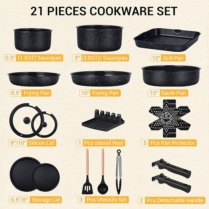 Ammeloo 21 Pcs Pots and Pans Set Non Stick with Detachable Handle & Grill Pan, Induction Ceramic Cookware Set, Non Toxic Kitchen Pots and Pans Set for RVs,Camping, Oven/Dishwasher Safe, Black