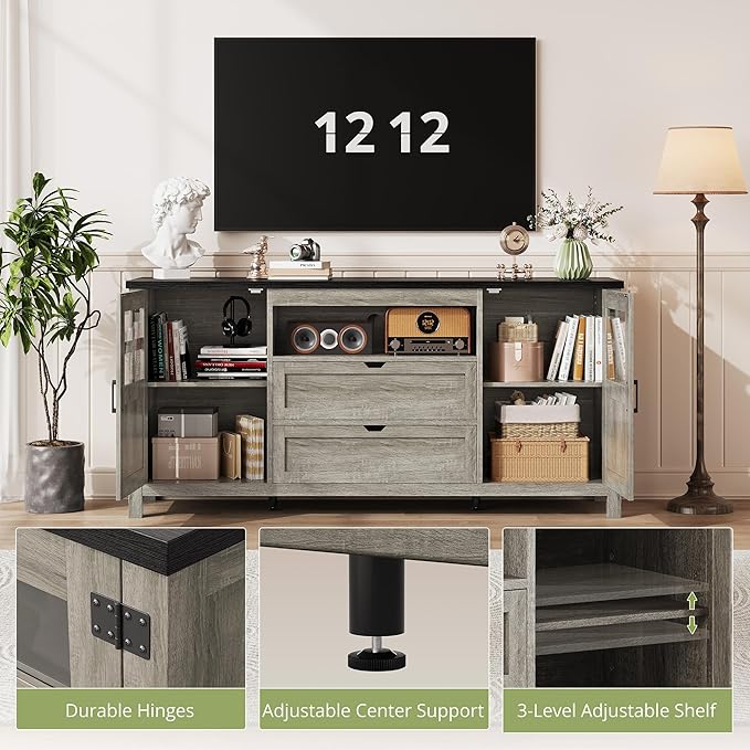 65 Inch TV Stand, Entertainment Center with Storage Cabinets, Mid Century Modern TV Console, Fits TVs up to 75" for Living Room & Bedroom (Classical Grey)