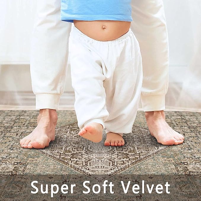 vivorug 5x7 Area Rugs - Ultra-Thin Washable Rug with Non-Slip Backing, Ideal for Living Room, Bedroom, Kitchen Floor Carpet - Vintage, Easy Clean, Durable, Turquoise/Antique