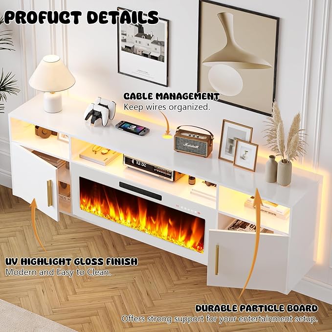 LEMBERI Floating Fireplace TV Stand 70'' Wall Mounted Shelf, LED Light Entertainment Center and Storage, Modern Wood Media TV Console with Highlight (White with White Fireplace)