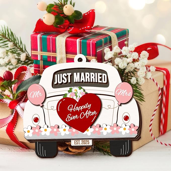 Wedding Gifts for Couples 2025, First Christmas Married Ornament 2025 - Just Married Wooden Ornament - Mr and Mrs Bridal Shower Gifts for Bride Newlyweds, Wedding Gift for Christmas Decorations
