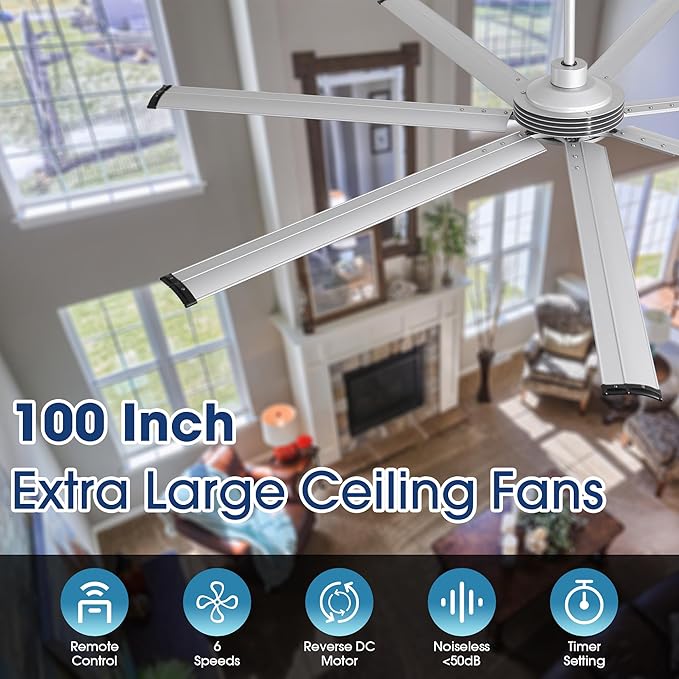 100 Inch Ceiling Fans without Lights, Silver Industrial Large Ceiling Fan with Remote for Living Room Shop Garage Indoor Outdoor, 6 Speeds, DC Motor Reversible 7 Aluminum Blades, Ventilador De Techo