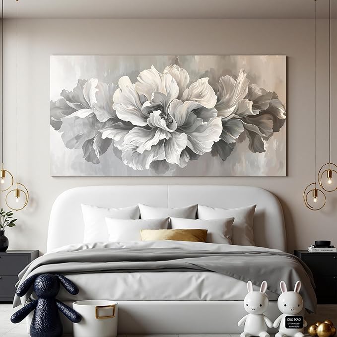 Canvas Wall Art Decor Large White Flower Wall Art Decor For Living Room Decor Pictures Prints Modern Aesthetics Wall Art Gray Floral Art Wall Decor For Home Bedroom Office Room Wall Decor 24×48 Inch