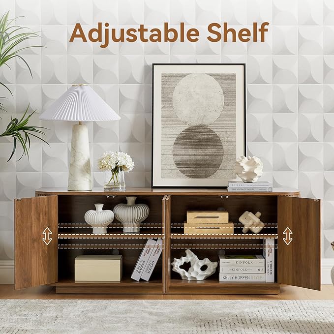 64" Buffet Sideboard Cabinet with Storage, Modern Fluted Accent Credenza with Adjustable Shelves, Wood Coffee Bar Console Table for Living Room Kitchen Dining Room Hallway, 24" H, Walnut