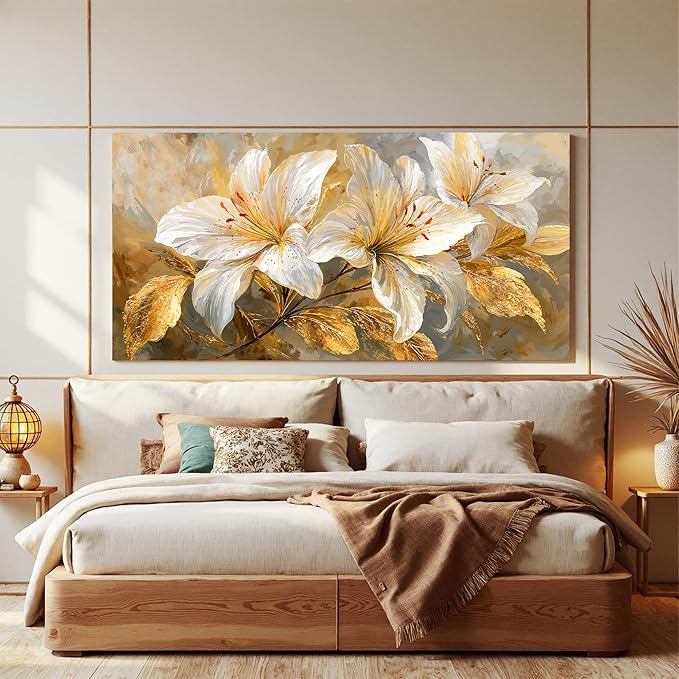 Canvas Wall Art Decor White Flower Pictures Wall Decor For Living Room Gold Botanical Wall Art Decor Modern Aesthetics Wall Art Paintings Prints For Home Bedroom Office Room Wall Decor 20×40 Inch