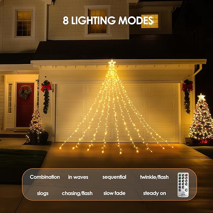 WBao 344 LED Christmas Lights Outdoor Decorations with 12" Star Topper, 11.9ft Waterfall Christmas Lights, Remote Control 8 Modes, Timer, UL Listed Waterproof for Tree Roof Porch Decor, Warm White