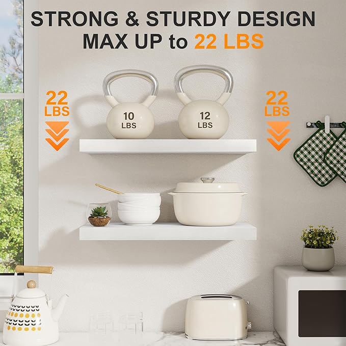 White Floating Shelves 22.5 Inch Long, 8 Inch Deep Floating Shelf Wall Mounted, Rustic Wood Bathroom Shelves for Storage, 22.5x8 Deep Shelf Set of 2 with Invisible Brackets for Books|Storage|Decor