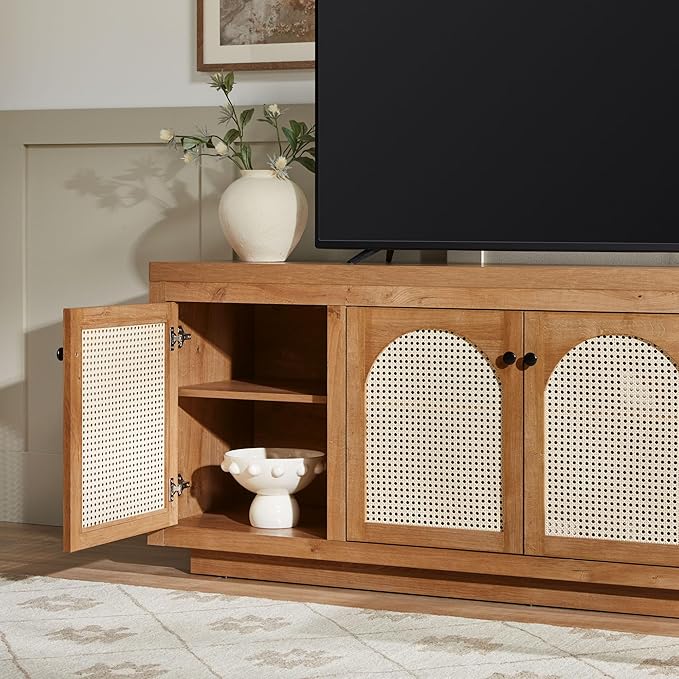 Walker Edison Sasha 4-Door Sideboard Buffet with Arched Rattan Panels, 70 Inch, English Oak