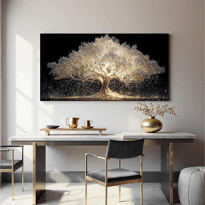 Canvas Wall Art Decor Large Gold Fantasy Tree Of Life Wall Canvas Art For Living Room Pictures Art Decor Artwork White Modern Aesthetics Prints For Home Bedroom Office Room Wall Decor 24×48 Inch