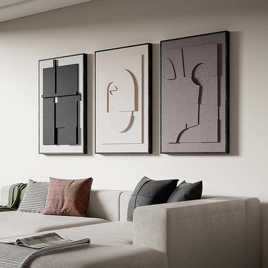 Large 3D Textured Framed Wall Art for Living Room, 3pcs Abstract Geometric Relief Artwork for Walls, Modern Neutral Black Beige Sandstone Plaster Pictures for Entryway Foyer Home Decor, 24x36 Inch