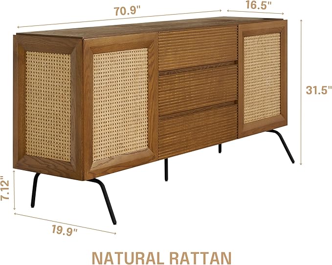 NTC MOSSIC Large Sideboard with 2 Doors and 3 Drawers, Buffet Cabinet with Natural Rattan and Metal Legs, Modern Storage Cabinet for Living Room, and Hallway, Effortless Assembly - Rustic Oak
