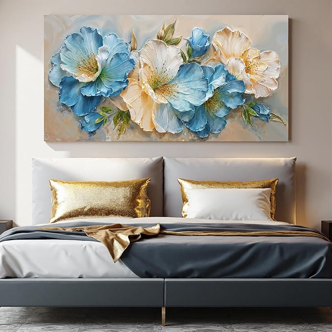 Canvas Wall Art Decor large White Blue Flower Art pictures for living room wall Green Botanical Wall Art Decor Paintings Prints Modern Aesthetics Wall Art For Bedroom Office Room Wall Decor 24×48Inch