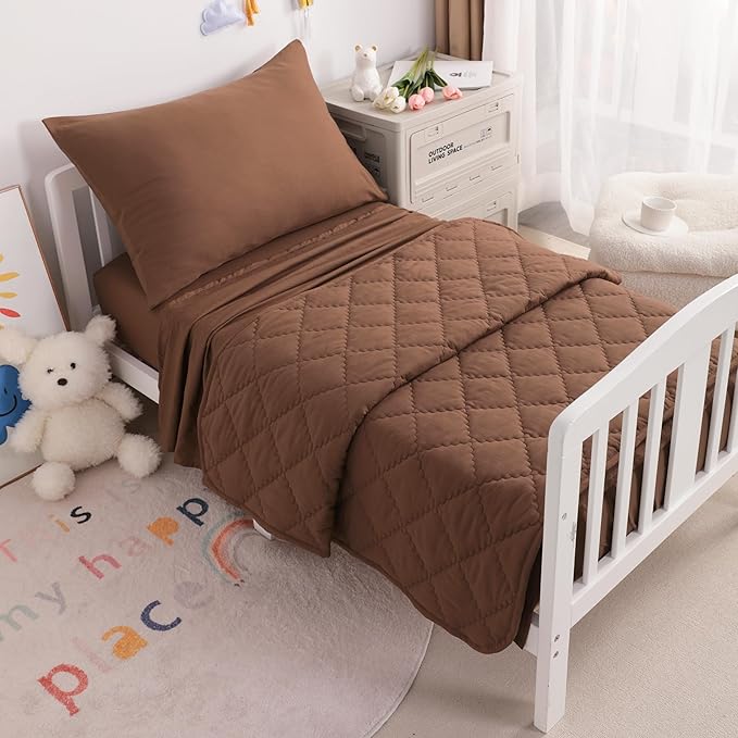 NTBAY Toddler Bedding Set - 4 Piece Soft and Breathable Crib Bedding Set for Boys and Girls, Includes Quilted Comforter, Fitted Sheet, Flat Top Sheet and Envelope Pillowcase, Brown