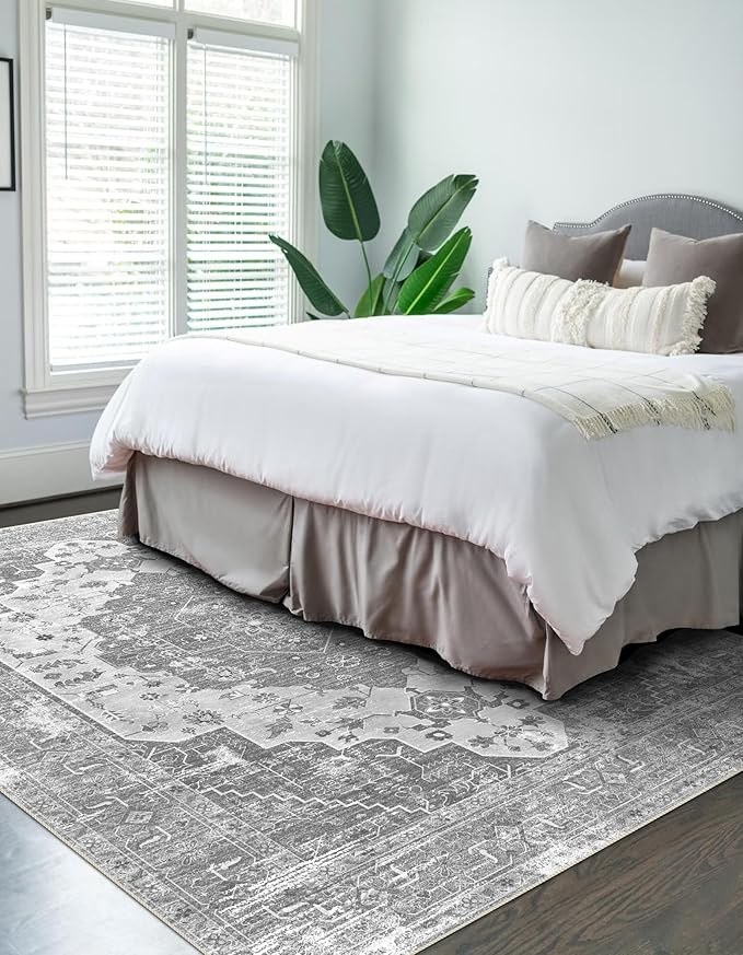 vivorug 4x6 Area Rugs, Stain Resistant Washable Rug for Living Room, Vintage-Inspired Grey Floral Rug