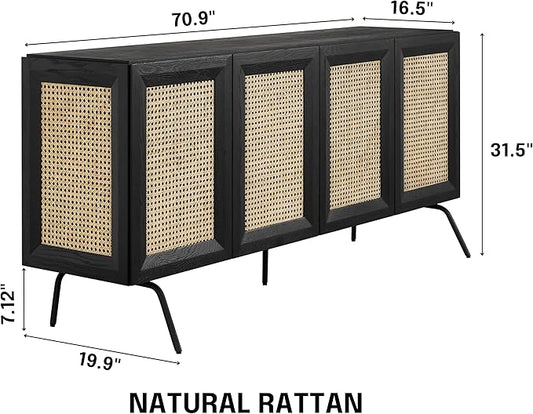 NTC MOSSIC Modern Sideboard with 4 Doors, Natural Rattan Storage Cabinet, Buffet with Metal Legs, Boho Accent Cabinet for Living Room, and Entryway, Effortless Assembly - Burnt Black