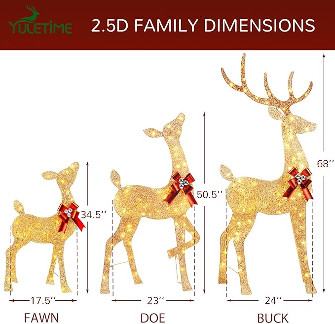 YULETIME 3-Piece Pre-lit 2.5D Christmas Reindeer Family, Lighted Glitter Deer Holiday Decoration With Warm White LED Lights