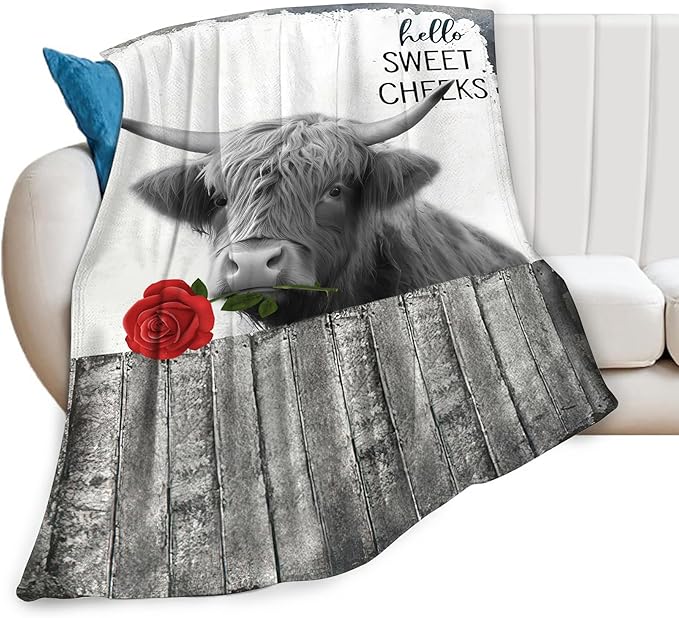 Funny Highland Cow Throw Blanket - Farm Cow Gifts & Decor, Soft Warm Cozy Fleece Blanket for Couch, Sofa, Bed - 80"x60"
