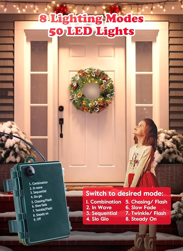 24 Inch Prelit Christmas Wreath for Front Door, Battery Operated LED Christmas Wreath with Pine Needles Branches Hari Leaves Red Berry Pine Cones, Lighted Wreath Wall Windows Decoration