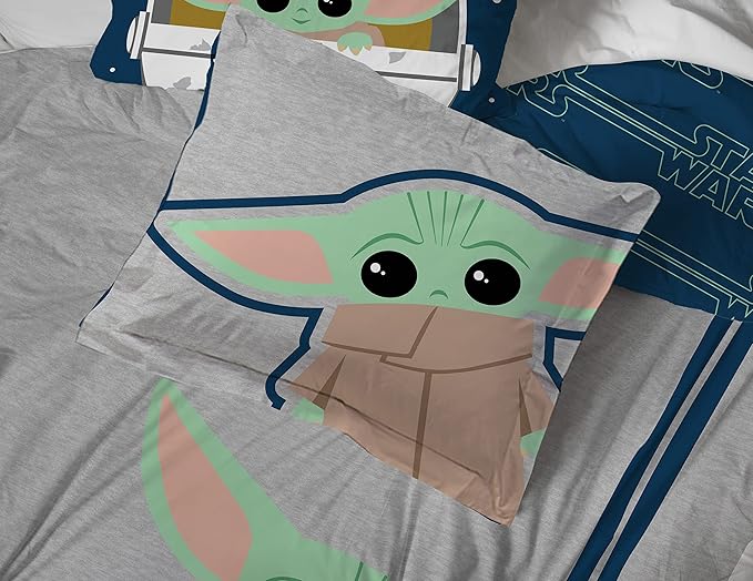 Jay Franco Star Wars The Mandalorian Hello Grogu 7 Piece Queen Size Bed Set - Includes Comforter & Sheet Set - Super Soft Kids Bedding Fade Resistant Microfiber (Official Star Wars Product)