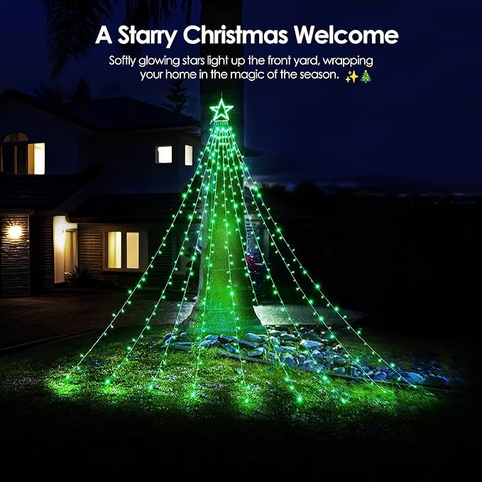 WBao 344 LED Christmas Lights Outdoor Decorations with 12" Star Topper, 11.9ft Waterfall Christmas Lights, Remote Control 8 Modes, 3 Timers, UL Listed Waterproof for Tree Roof Porch Xmas Decor, Green