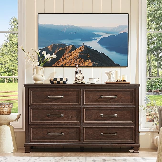 Farmhouse Espresso 6 Drawer Dresser for Bedroom, 54 inch Wide Vintage Large Chest of Drawers with Wood Legs, Rustic TV Console for Living Room, Walnut Wooden Storage Closet Dressers
