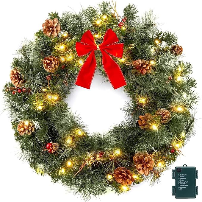 24 Inch Prelit Christmas Wreath for Front Door, Battery Operated LED Light Christmas Wreath with Bow and Pine Cones, Lighted Wreath Wall Windows Decoration