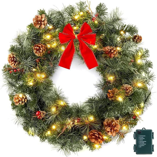 24 Inch Prelit Christmas Wreath for Front Door, Battery Operated LED Light Christmas Wreath with Bow and Pine Cones, Lighted Wreath Wall Windows Decoration