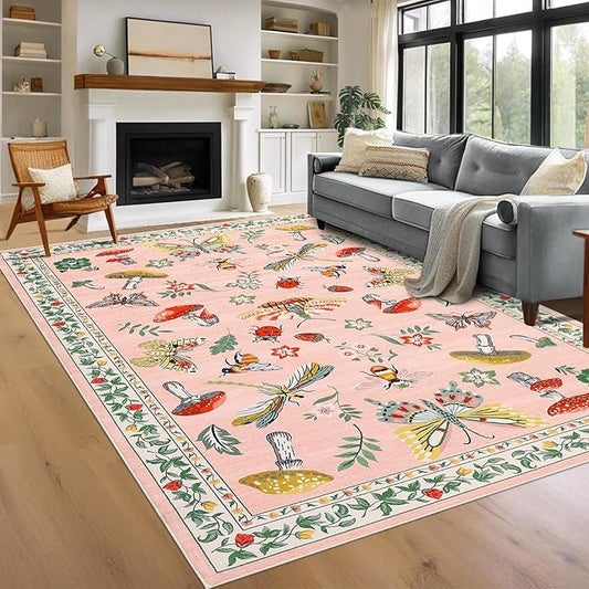 Mushroom Insect 8x10 Area Rugs, Washable Rugs for Living Room Non Slip Stain Resistant Low Pile Modern Butterfly Carpet for Bedroom Dining Room Nursery Playroom Office, Light Pink