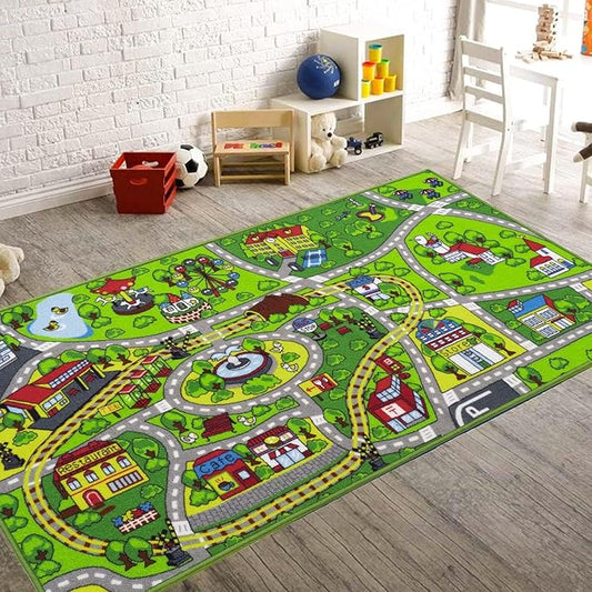 Booooom Jackson Kids Car Rug - 79"x39" Play Mat for Toy Cars, Non-Slip Playroom Rug
