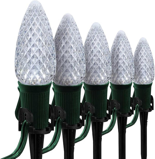 Wintergreen Lighting 50’ OptiCore LED Cool White Christmas Pathway Lights, C9 Outdoor White Christmas Lights, 4.5” Stakes, Green Wire Plug String Lights