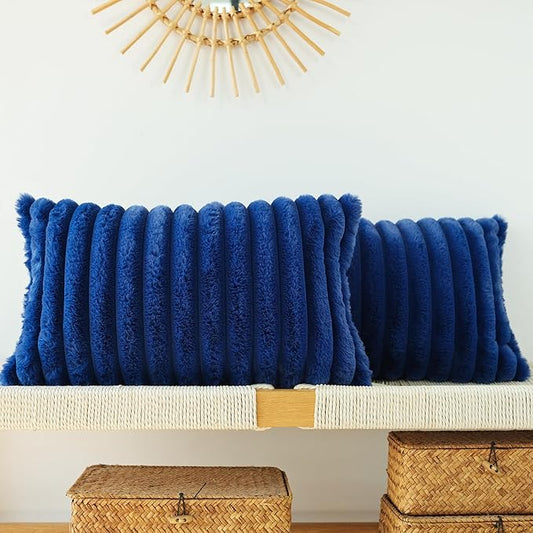 JOJUSIS Pack of 2 Faux Fur Plush Decorative Throw Pillow Covers Couch Cushion Case Soft Pillowcases (Navy Blue, 12 x 20-Inch)
