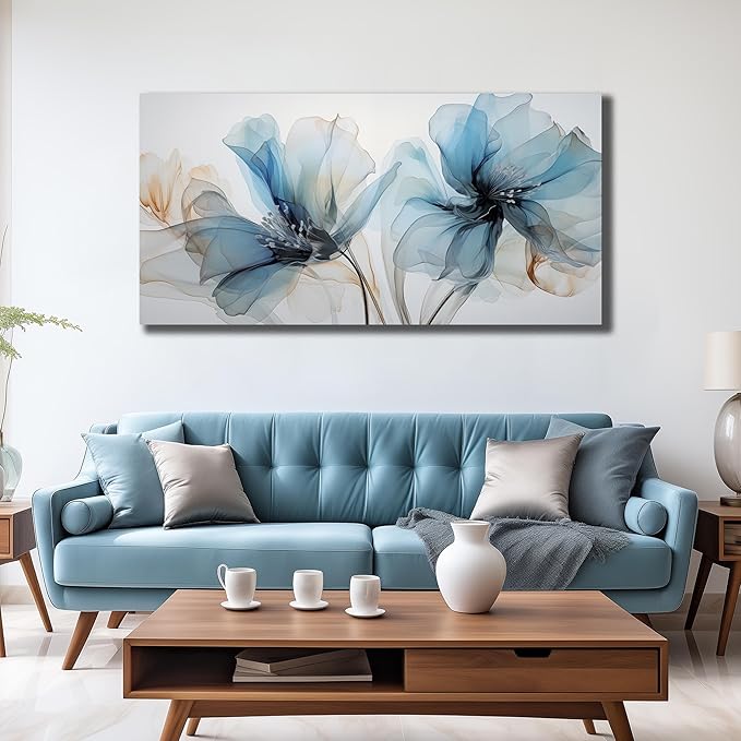 Blue Flower Wall Decor for Living Room Abstract Canvas Wall Art for Office Large Wall Pictures for Dining Room Size 29 x 58 Inch