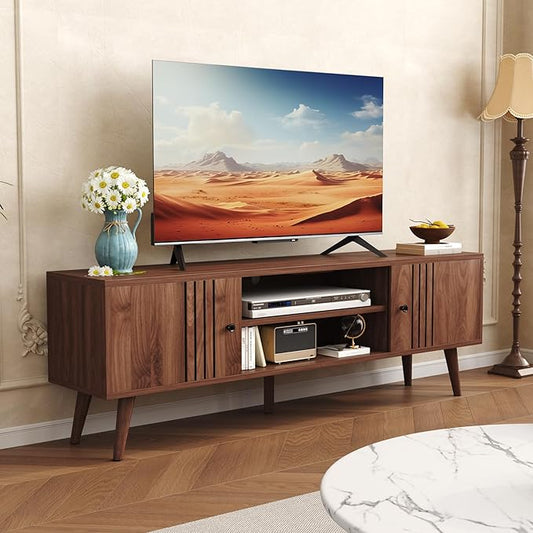HOMEFORT TV Stand for 65/60/55 Inches, Mid-Century Modern TV Stand with Storage,Media Console Table,Entertainment Center with Sliding Door for TVs up to 65",for Bedroom,Living Room (Walnut)