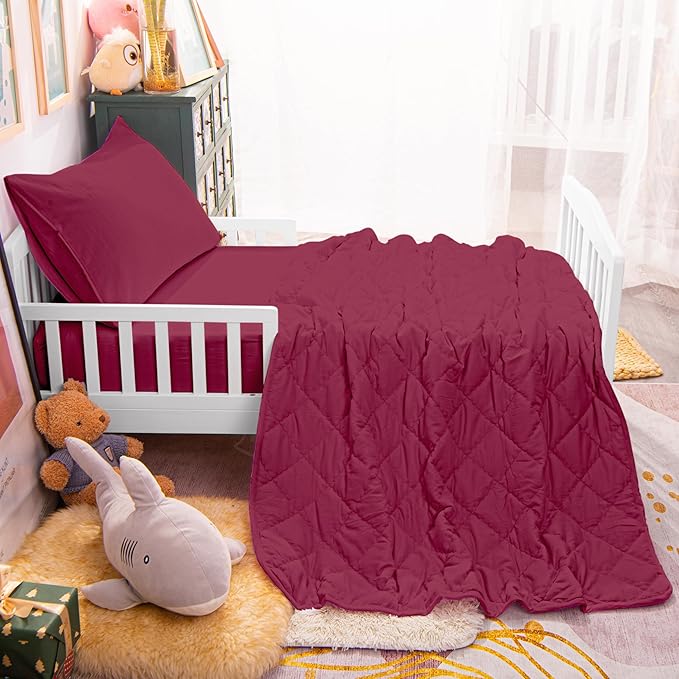 NTBAY Toddler Bedding Set - 4 Piece Soft and Breathable Crib Bedding Set for Boys and Girls, Includes Quilted Comforter, Fitted Sheet, Flat Top Sheet and Envelope Pillowcase, Wine Red