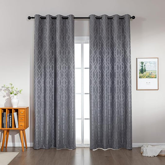 Amazon Basics Jacquard 2-Piece 100% Blackout Curtains, Living Room and Bedroom Drapes, Thermal Insulated Window Treatment, 52"x95", Grey