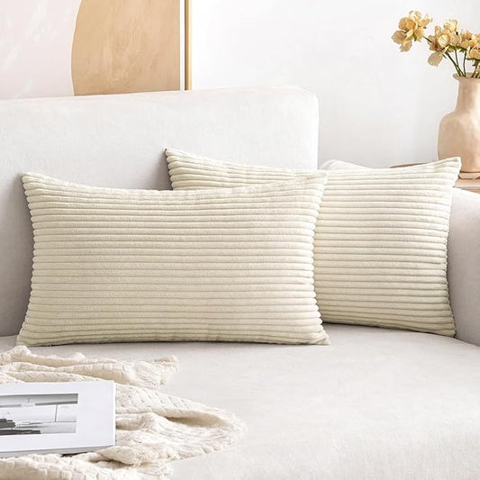 MIULEE Winter Pack of 2 Corduroy Pillow Covers Soft Soild Cushion Cases Decorative Square Throw Pillow Covers Cream White Pillowcases for Sofa Bedroom Car 12 x 20 Inch 30 x 50 Cm