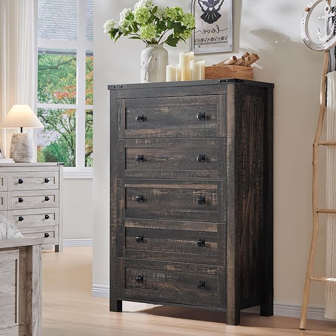 T4TREAM Farmhouse 5 Drawers Dresser Chests for Bedroom, Wood Rustic Tall Chest of Drawers, Dressers Organizer for Bedroom, Living Room, Hallway, Dark Rustic Oak