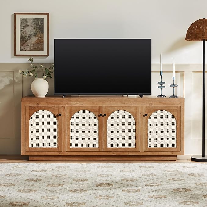 Walker Edison Sasha 4-Door Sideboard Buffet with Arched Rattan Panels, 70 Inch, English Oak