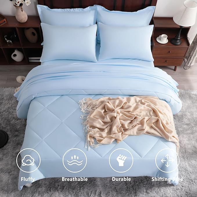 NTBAY King Comforter Set with Sheets, 7 Pieces Soft and Breathable King Bedding Set, Bed in a Bag, Down Alternative Comforter Set Solid Color All Season, King Bedding Set, Aqua