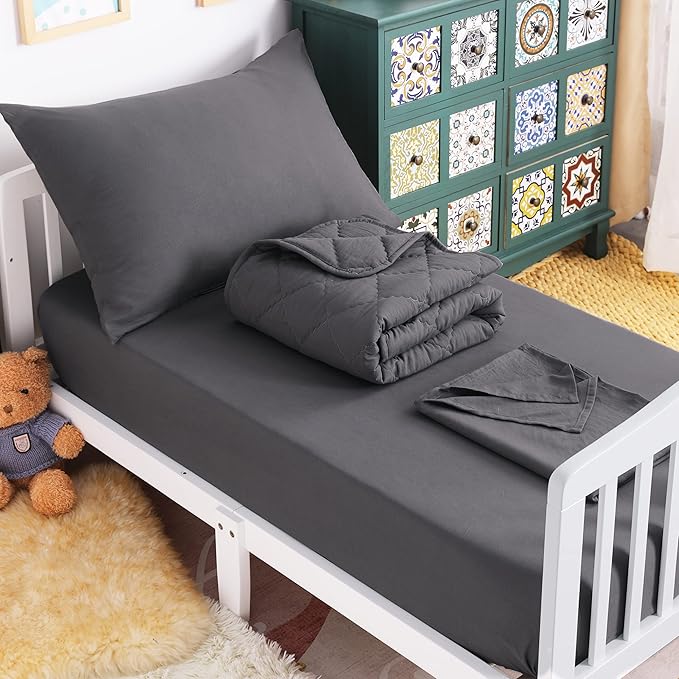 NTBAY Toddler Bedding Set - 4 Piece Soft and Breathable Crib Bedding Set for Boys and Girls, Includes Quilted Comforter, Fitted Sheet, Flat Top Sheet and Envelope Pillowcase, Dark Grey
