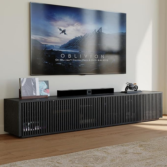 POVISON Full Assembled Mid Century Modern TV Stand, 95'' Wood Slatted TV Media Console for 85+ inch TV, Entertainment Center with Storage for Living Room Bedroom