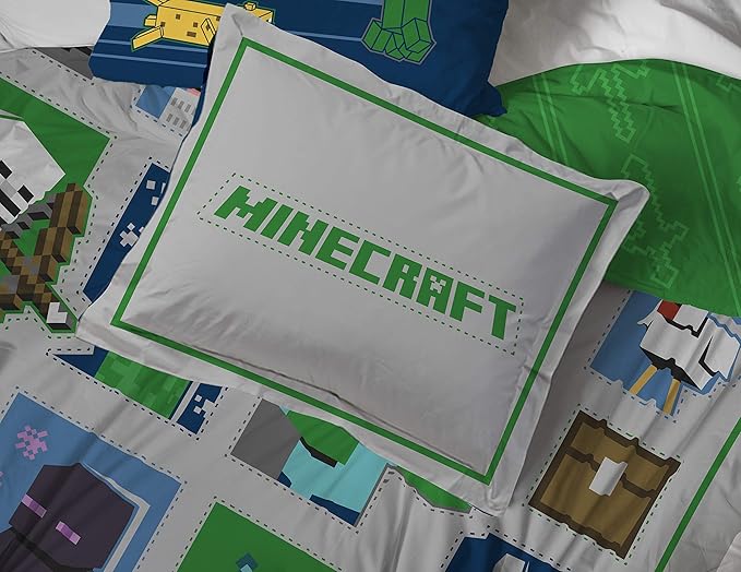 Jay Franco Minecraft 7pc Full Bed Set - Includes Comforter, Sheet Set & Decorative Pillow Shams - Features Creeper, Ghost, Zombie & Enderman Characters
